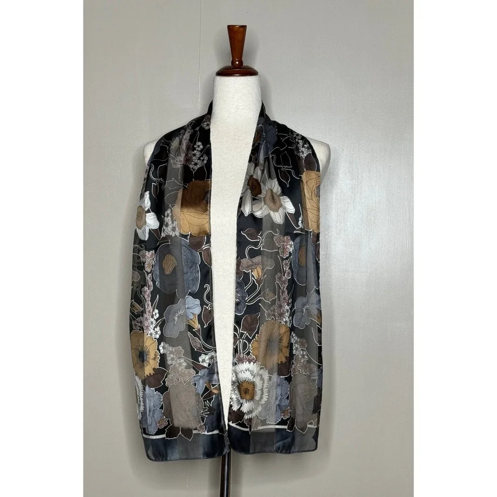 Dark Floral Skinny Scarf Cejon Black Gray Brown 9x62